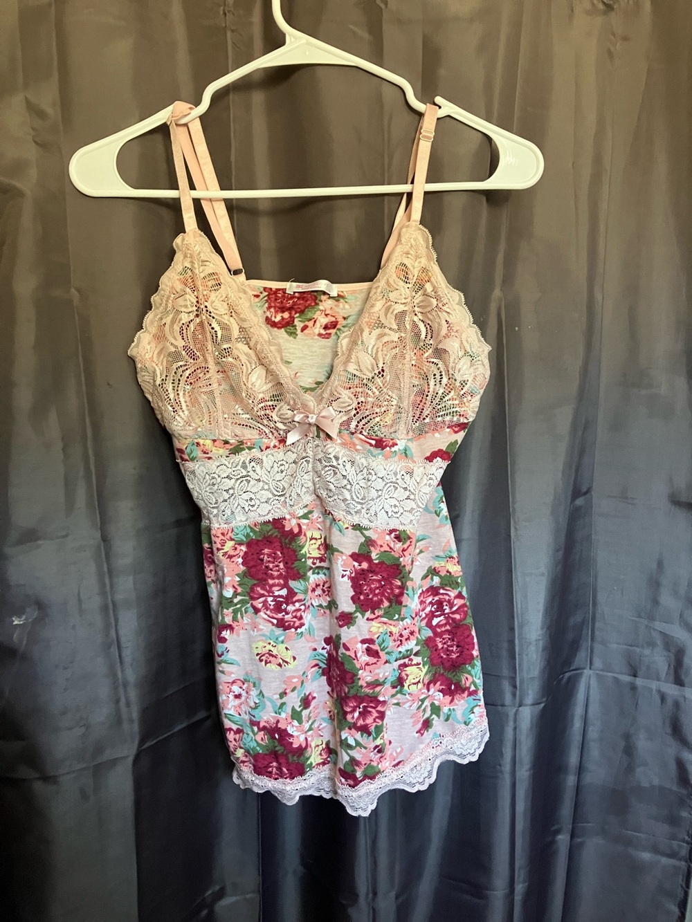Pink Floral Lace Trim Tank with Rose Print